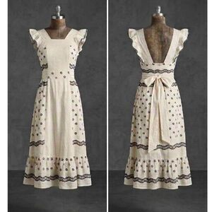 Vtg 70s Cottagecore Apron Dress Handmade Ivory Navy Floral Prairie Small